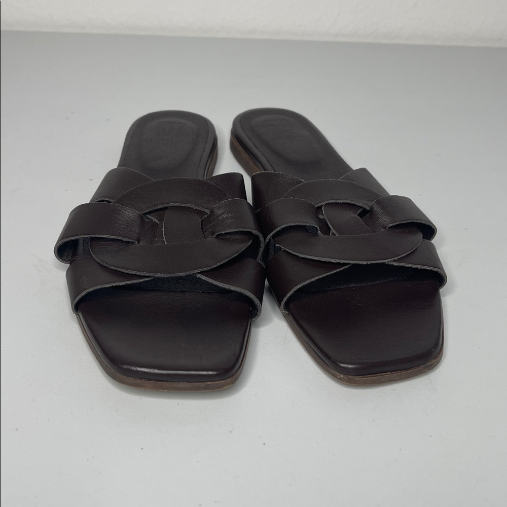 BRUNO MAGLI Dark Brown Leather Braided Design Flats Sandals Size 38.5 US 8 - Picture 2 of 7